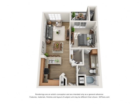 a 3d floor plan of a 1 bedroom apartment at Terracina, Broomfield, CO 80020